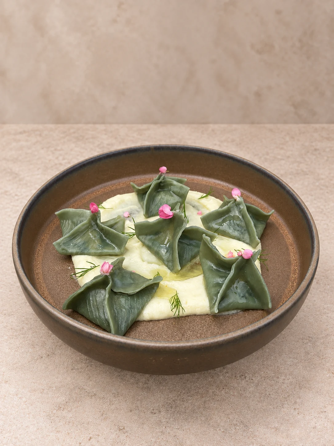 Green dumplings in the approved calm menu photo style, served in matching brown ceramic tableware