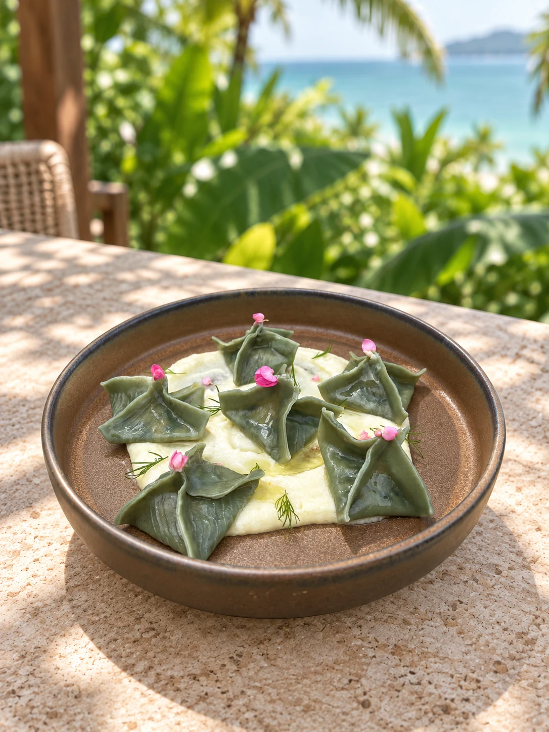 Green dumplings with pale sauce and pink flowers
