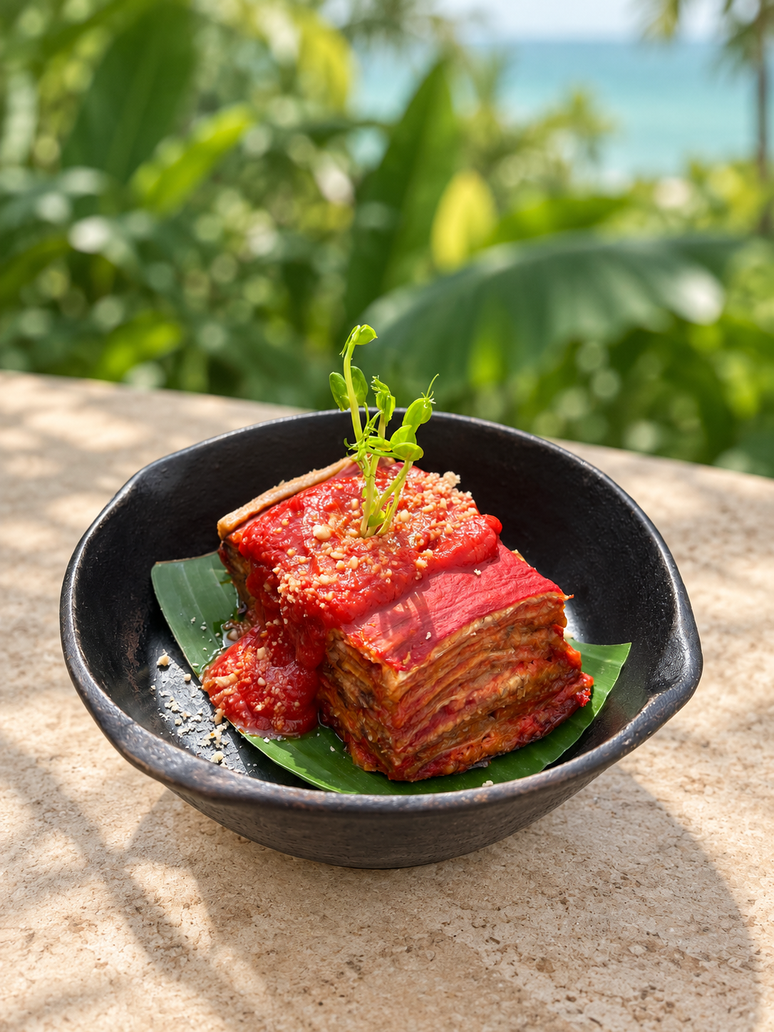 Kapuhala Parmigiana in a black bowl against a tropical garden backdrop
