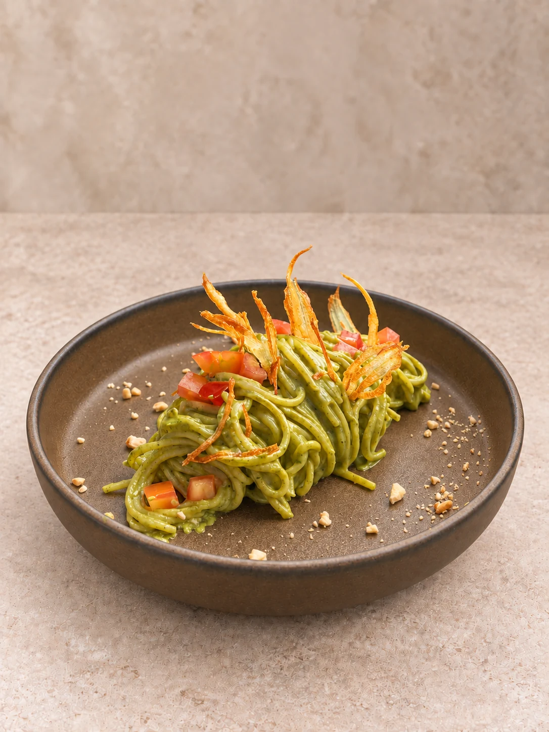 Pesto pasta in the approved calm menu photo style, served in matching brown ceramic tableware