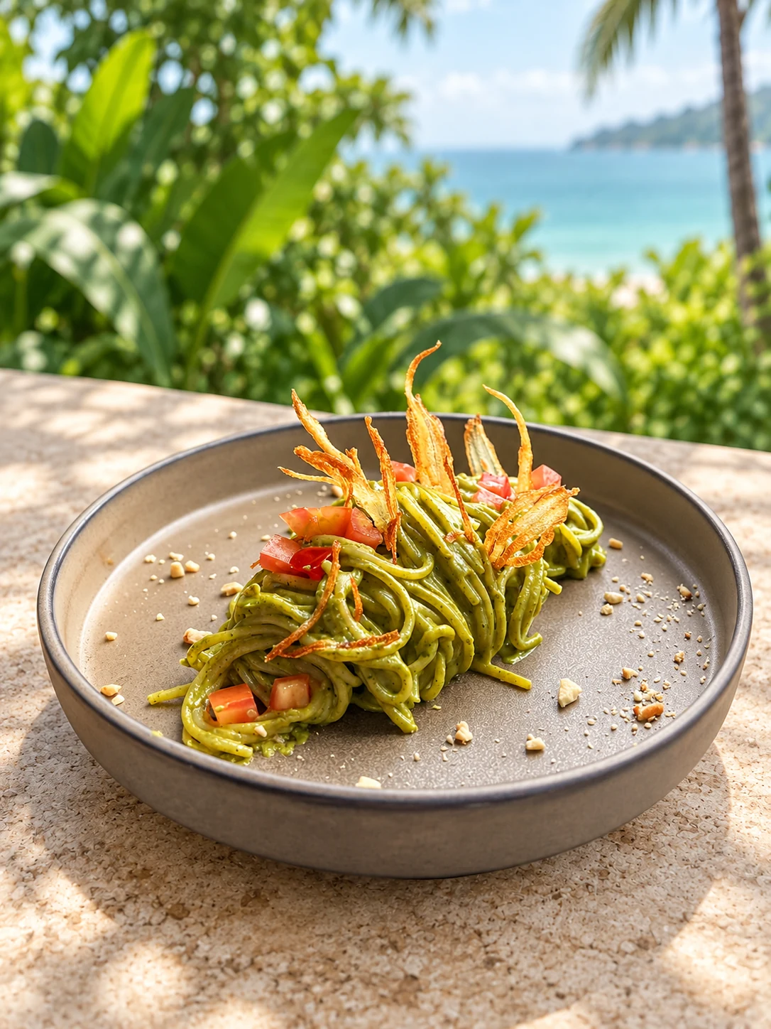 Green pesto pasta with crisp potato garnish and tomato pieces